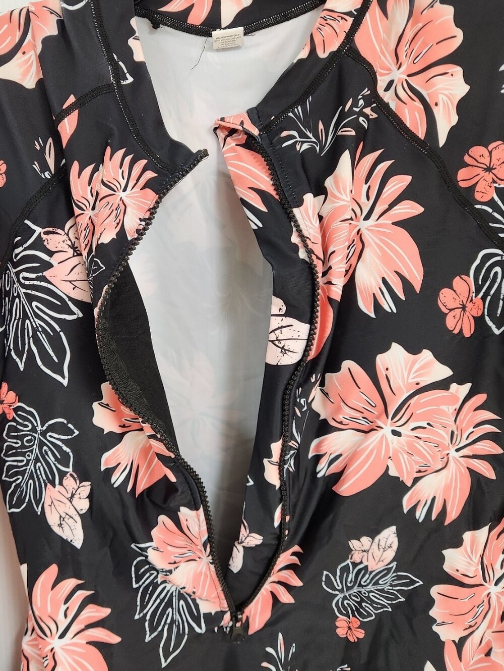 Long-Sleeve Floral One-Piece Swimsuit - Black with Pink Flowers NWOT - Picture 4 of 7